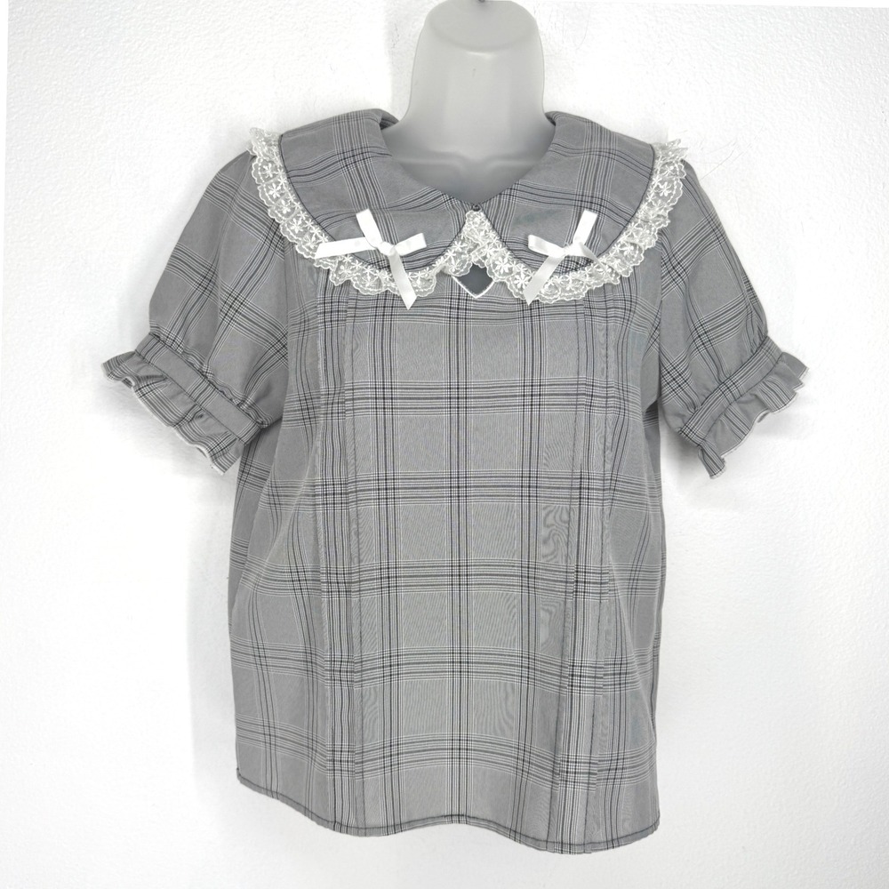 Mars Plaid Lace Trim Peter Pan Collar Heart Cutout Top Size S Gray Goth Lolita